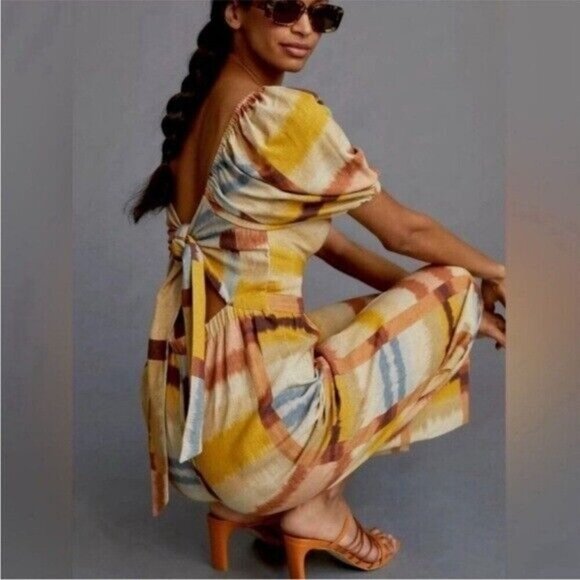 ANTHROPOLOGIE Ranna Gill Tie Back Puff Sleeve Linen Blend Jumpsuit Size NEW - Picture 5 of 11